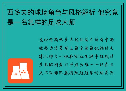 西多夫的球场角色与风格解析 他究竟是一名怎样的足球大师