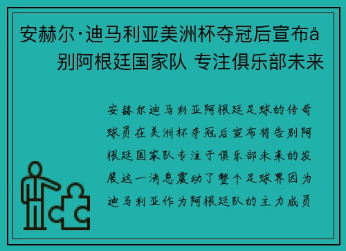 安赫尔·迪马利亚美洲杯夺冠后宣布告别阿根廷国家队 专注俱乐部未来