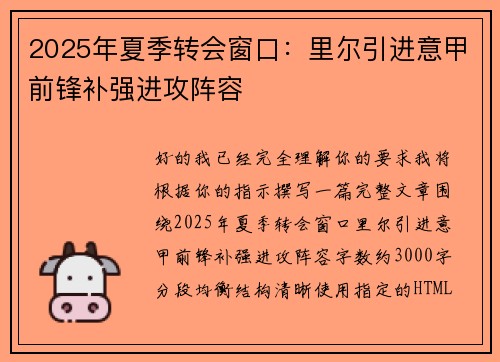 2025年夏季转会窗口：里尔引进意甲前锋补强进攻阵容